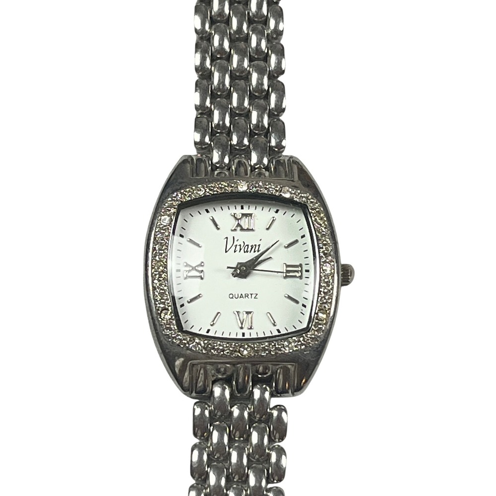 Vivani Silver‎ Tone Rhinestone Bezel Roman Numeral Quartz Watch 7" Needs Battery